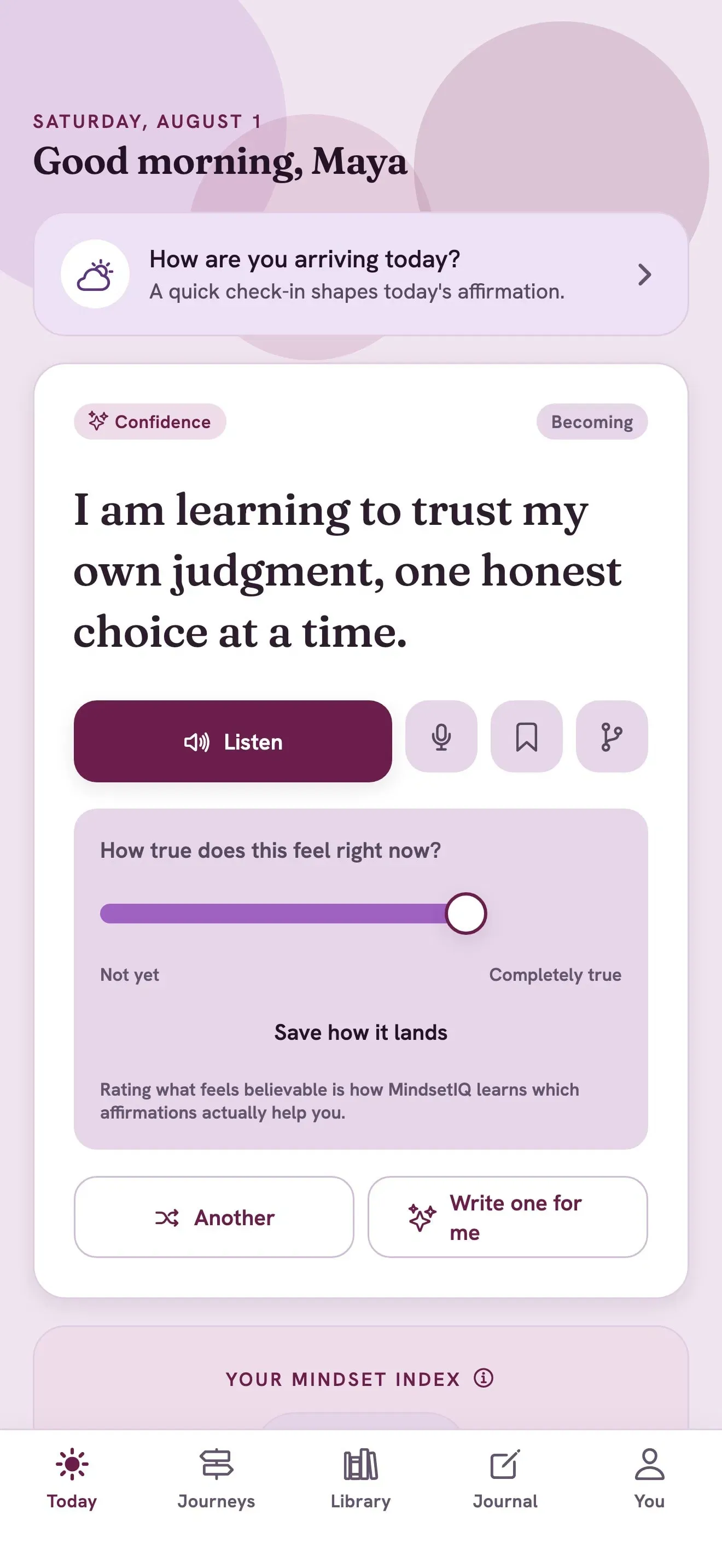 Real MindsetIQ Today screen with a daily affirmation, listen and record controls, and reflection tools