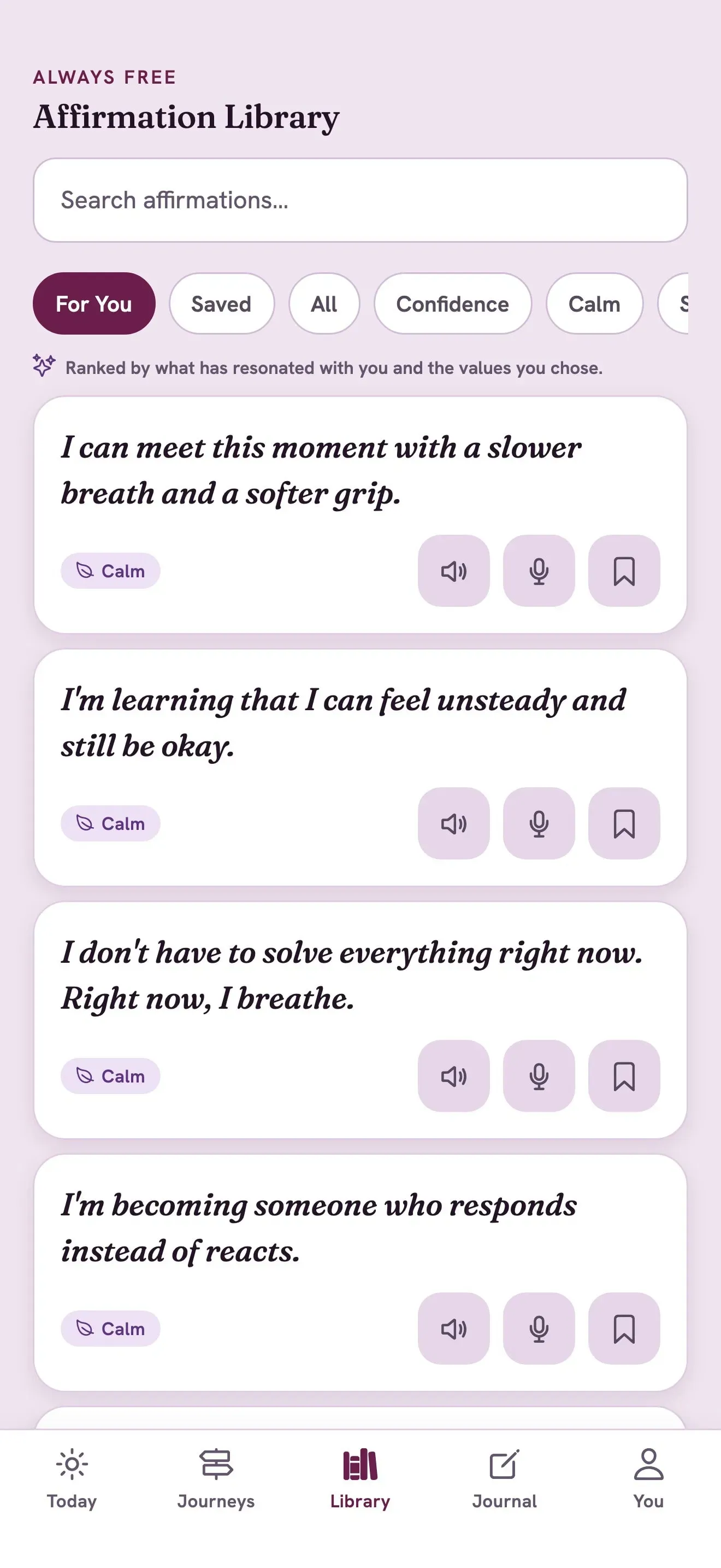 MindsetIQ affirmation library screen with searchable affirmations and audio controls